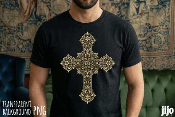 Christian Cross Floral Ornate PNG for T-Shirt Designs